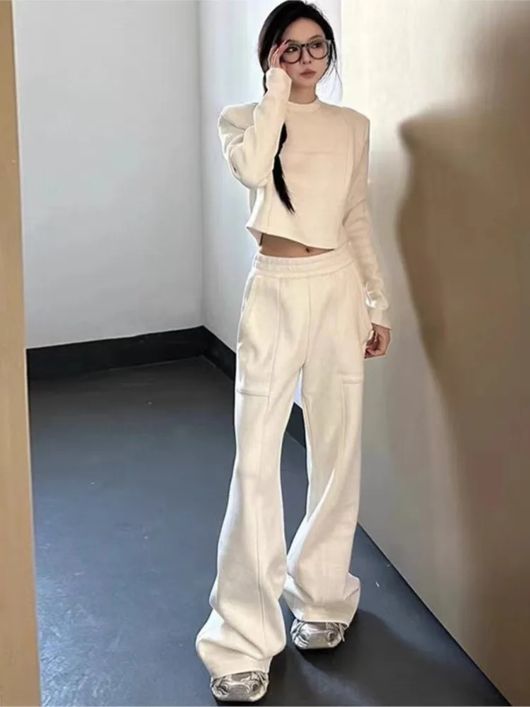 

2025 Solid Color 2 Pieces Set For Woman Slim Two Piece Outfits Simple Style Pant Sets O Neck-round Long Sleeves Commuting Casual