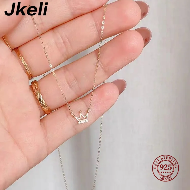 New S925 Sterling Silver Plated 14K Gold Necklace Exquisite and Small with Zircon Crown K Gold Lock Bone Chain Pendant for Women