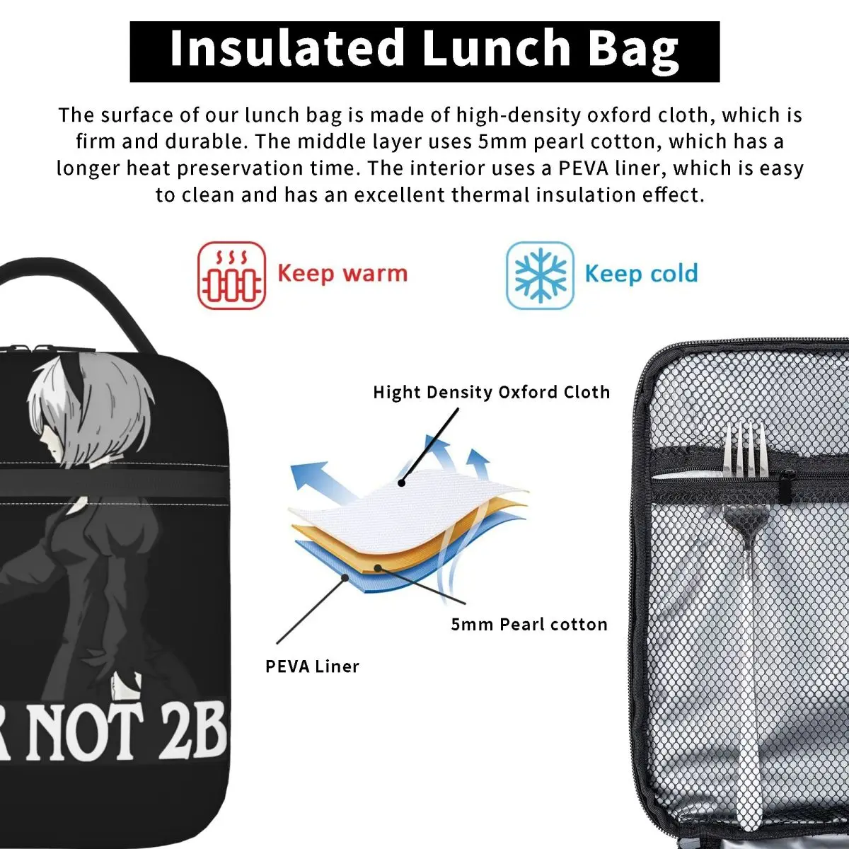 NieRAutomata 2B اليابان الغداء حقيبة الجمالية علب الاغذية للجنسين نزهة المحمولة معزول حقيبة للحفاظ على البرودة أكسفورد طباعة حمل أكياس الغذاء