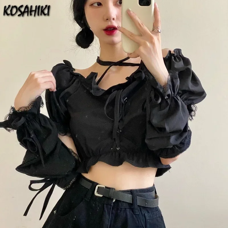 Kosahiki crop black blouses women ruffles Harajuku off shoulder slim cropped sexy chic female summer Gothic streetwear Y2K tops