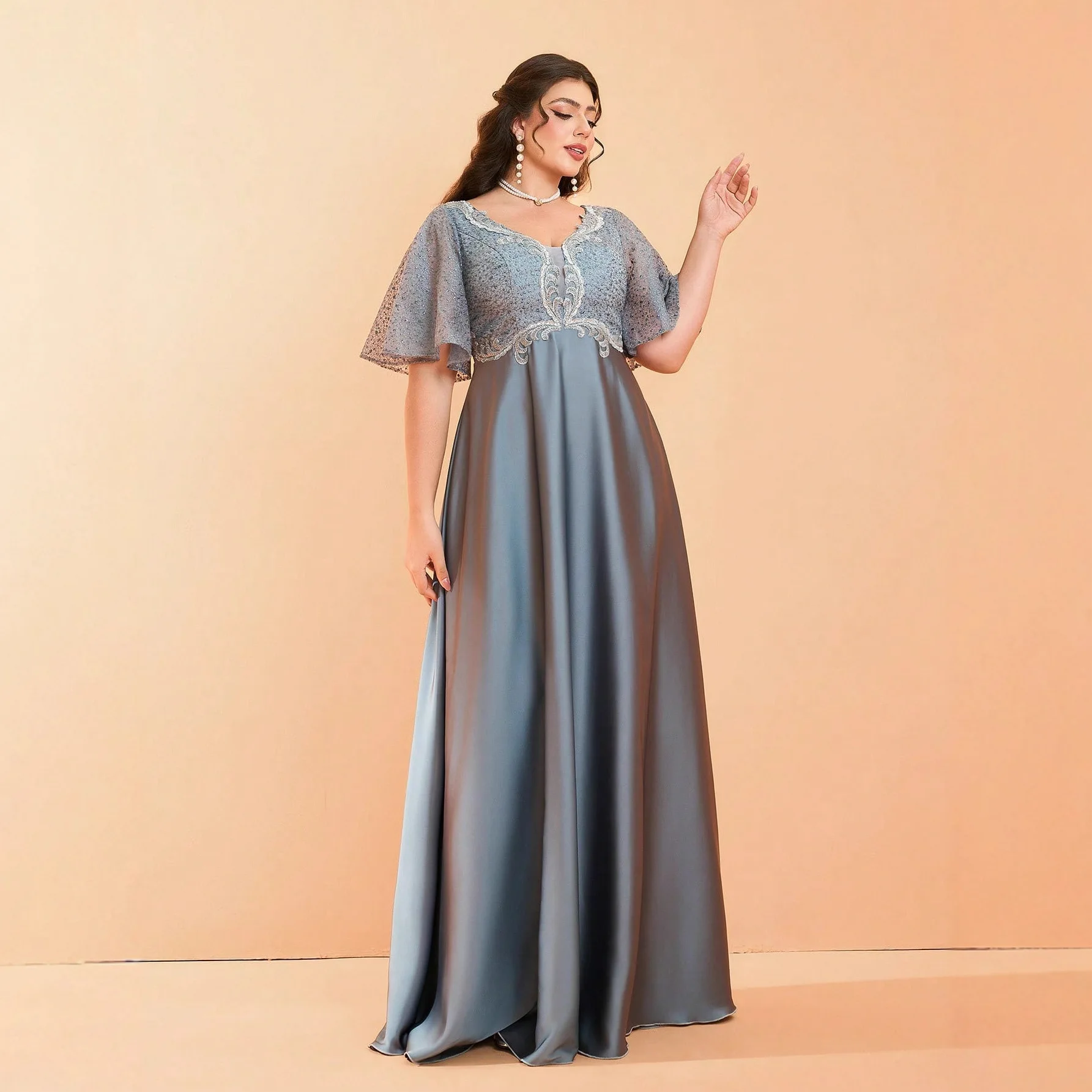 Ele Large Size Women's Dr Lace Satin Evening Gown Host Dr round Ne Chinese Production Summer mid Waist