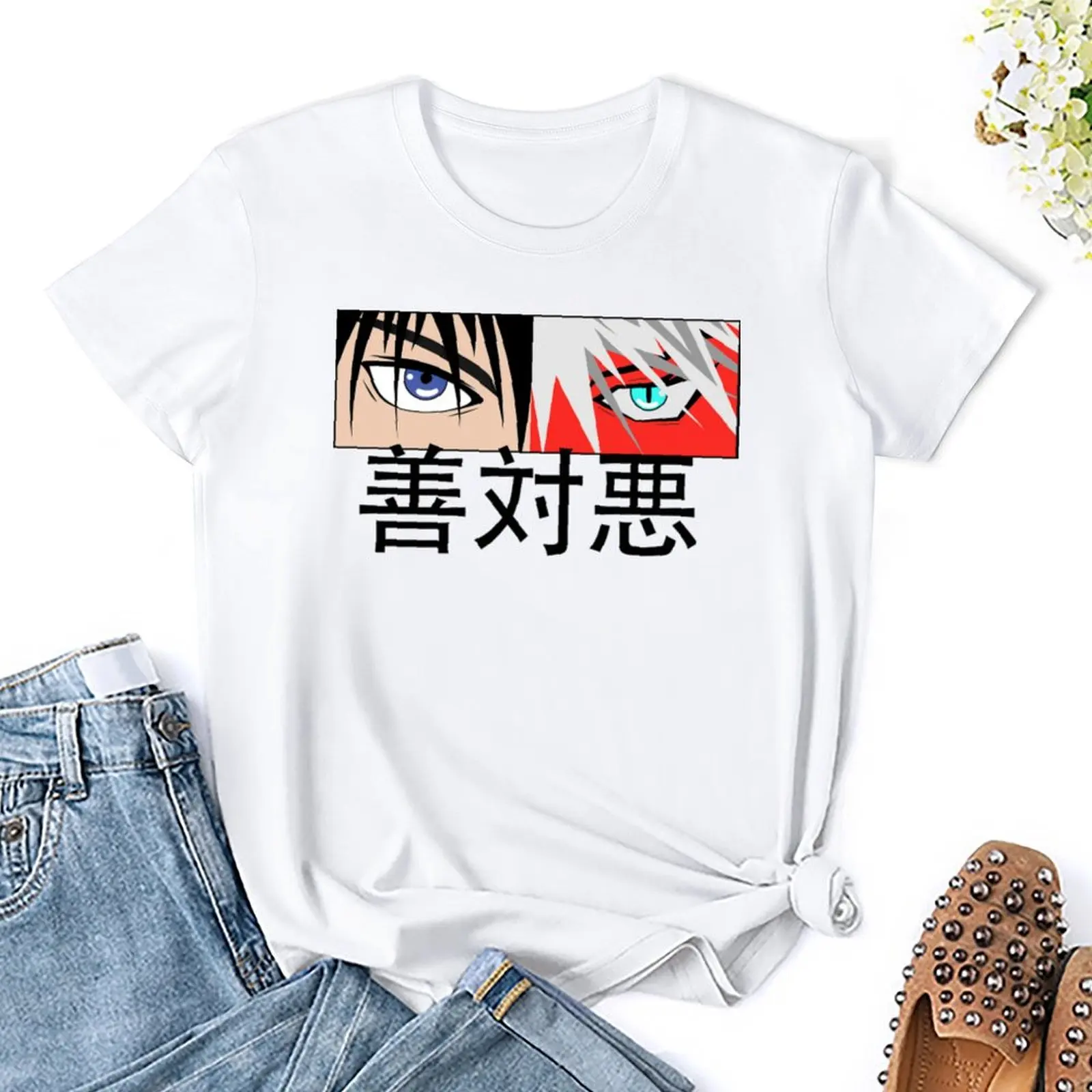 Anime Good Vs Evil In Japanese For T-shirt Round Neck Campaign Top Tee Casual Graphic Fitness Funny Novelty