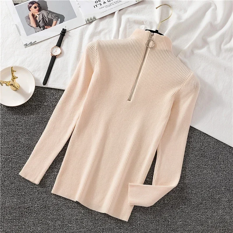 OCEANLOVE Zipper Half Turtleneck Sweater Women Solid Slim Autumn Winter Clothes Sueter Mujer Basic Fashion Pullovers 12605