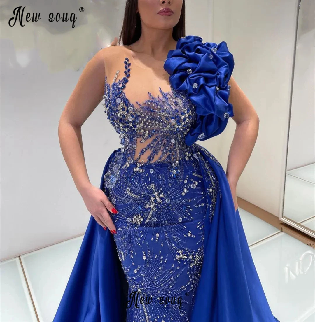 Vestido de noche azul real con volantes y tren desmontable para mujer, vestidos de graduación con cuentas de Dubái, vestidos de fiesta de boda árabes, vestido de compromiso