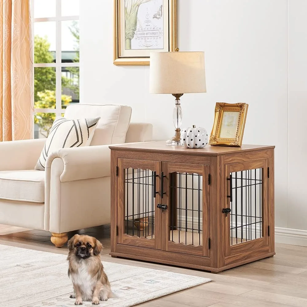 Stylish Double Door Wooden Wire Dog Crate End Table - Decorative Pet House with Comfortable Pet Bed