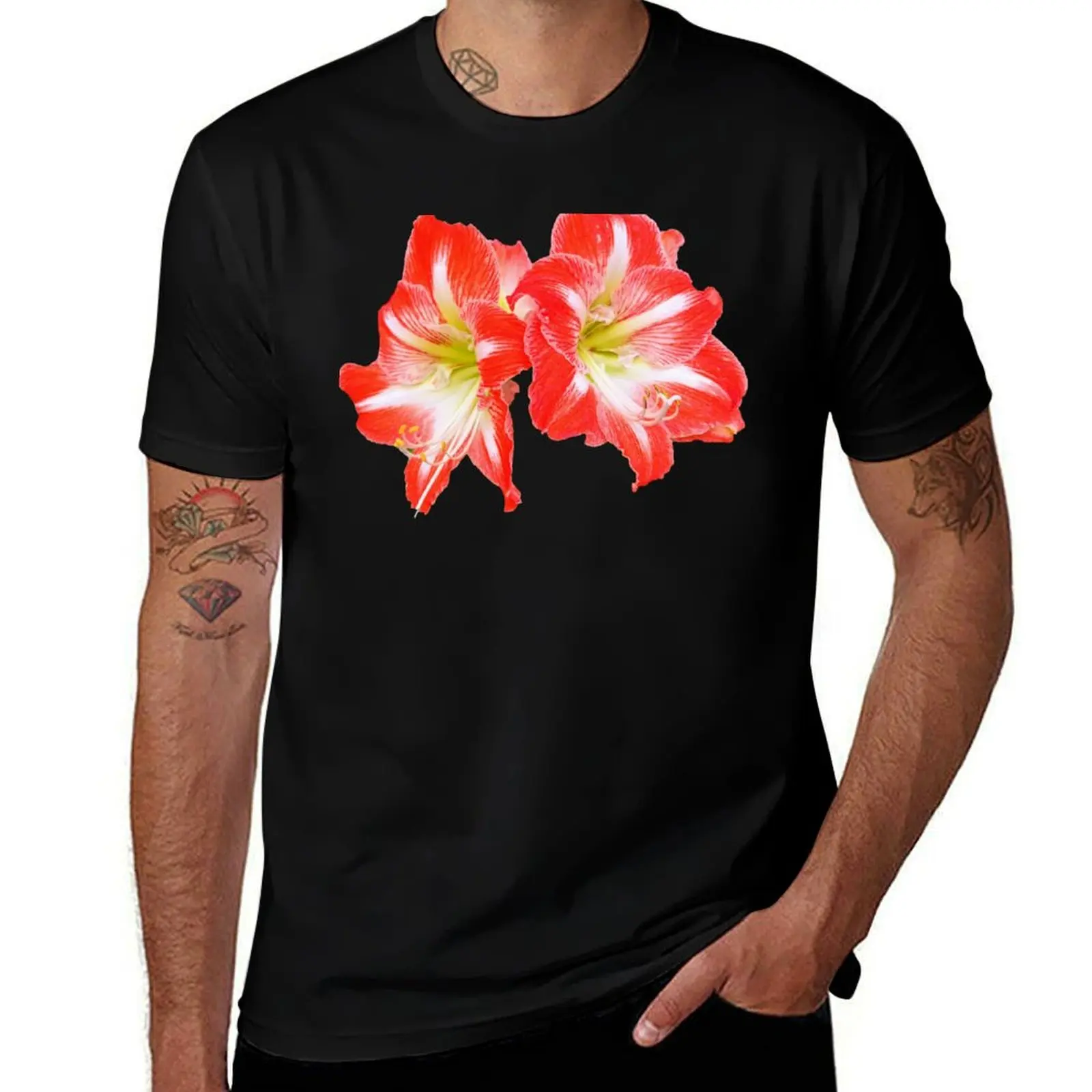 Two Red Amaryllis Hippeastrum on White T-Shirt Stylish Graphic Short Sleeve Top