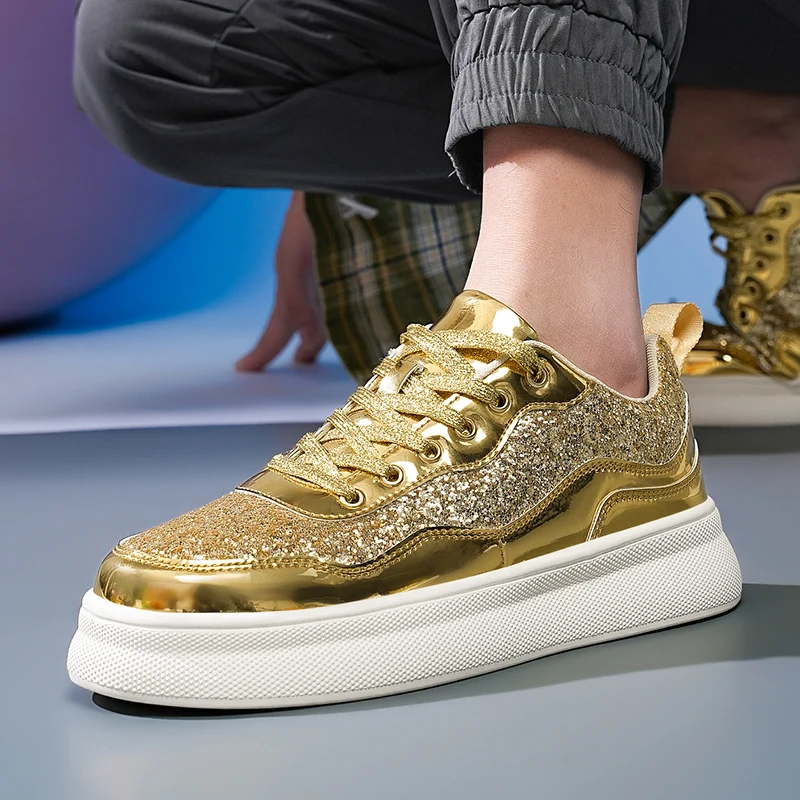 Zapatos de diseñador de lujo dorados y plateados brillantes para hombre, zapatillas informales para monopatín, plataforma con purpurina, calzado deportivo elegante para mujer