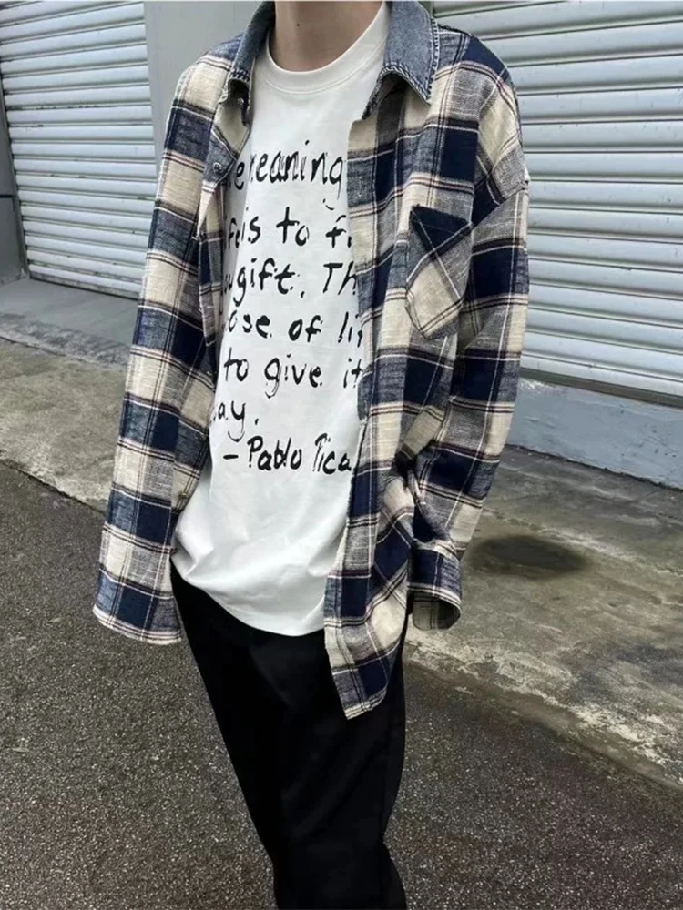 

Blue Plaid Denim Collar Long Sve Men's irt Summer Thin Loose Casual Vintage Coat Lightweight Breathable Youth Faion