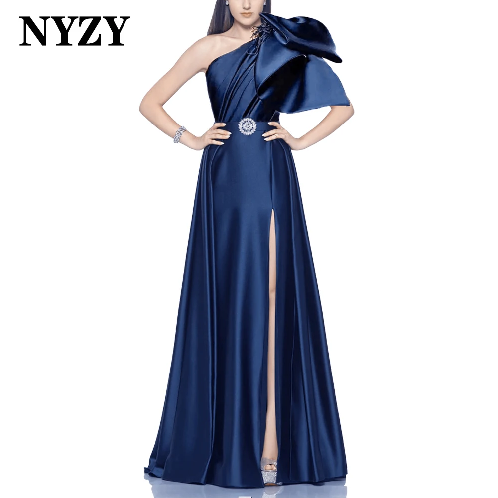 

NYZY E451 Customized 2025 Satin One Shoulder Big Bow High Slit Feather Evening Dresses Navy Blue Party Prom Gowns