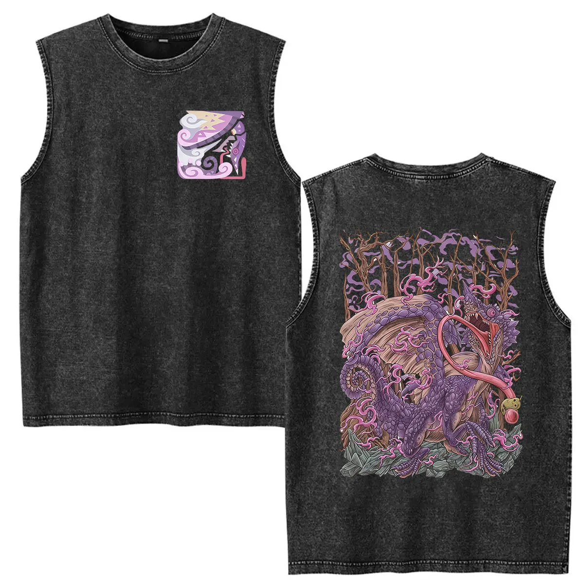 Game Monster Hunter Odogaron Predator of The Rotten Vale Vintage Washed Vest T Shirt Men's Tank Top Short Sleeve Cotton T-shirt