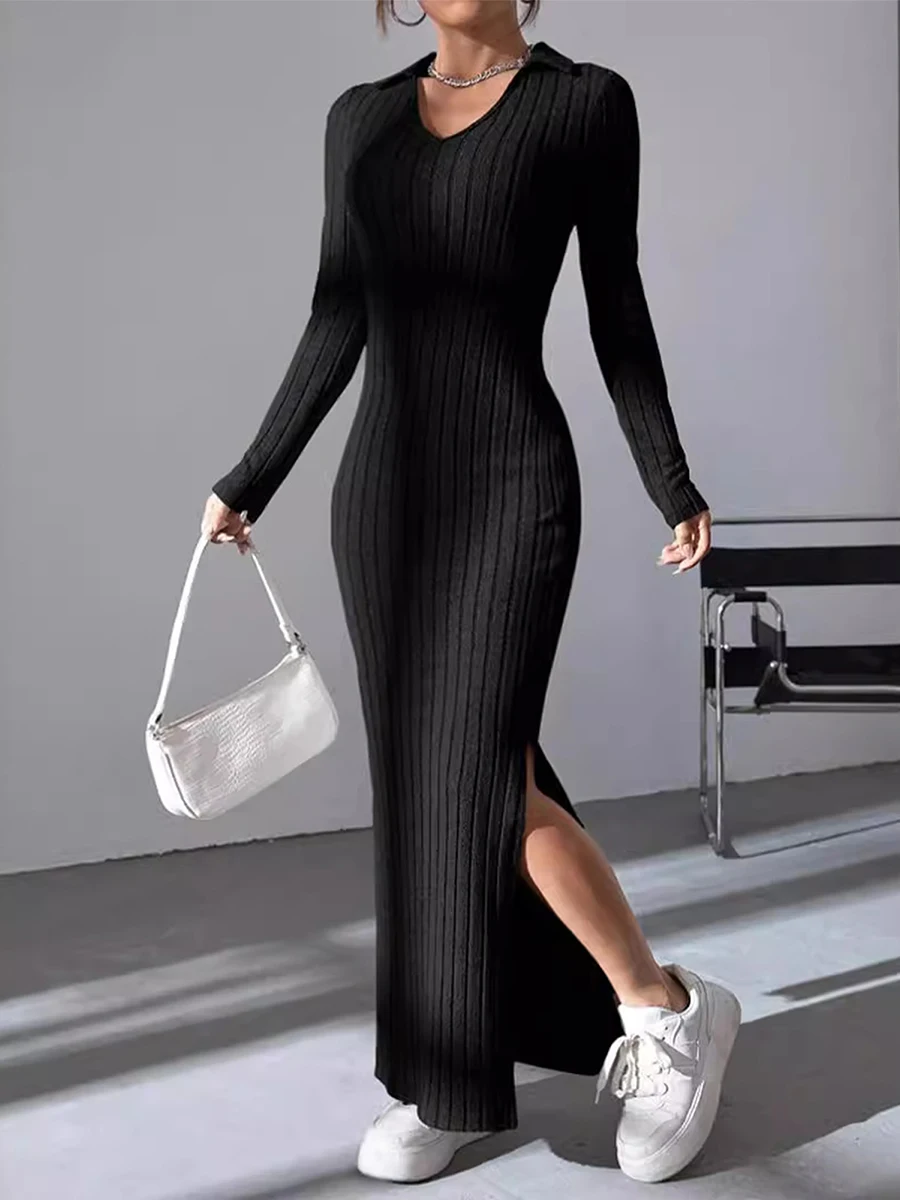 Women's Fall Winter Knit Midi Dress Long Sleeve Lapel Collar Solid Color Bodycon Long Dress Going Out Dress