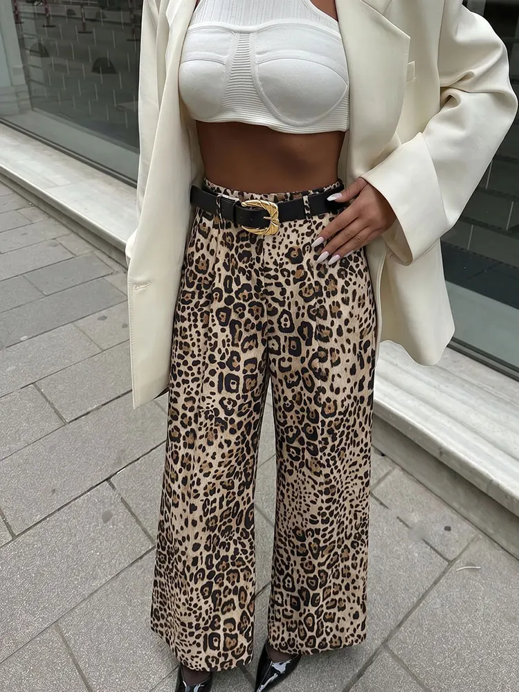 HH Fashion Womens High Waist Black Belt Leopard Wide Leg Trousers Zipper Loose Casual Office Party Summer Beach Vacation Pant
