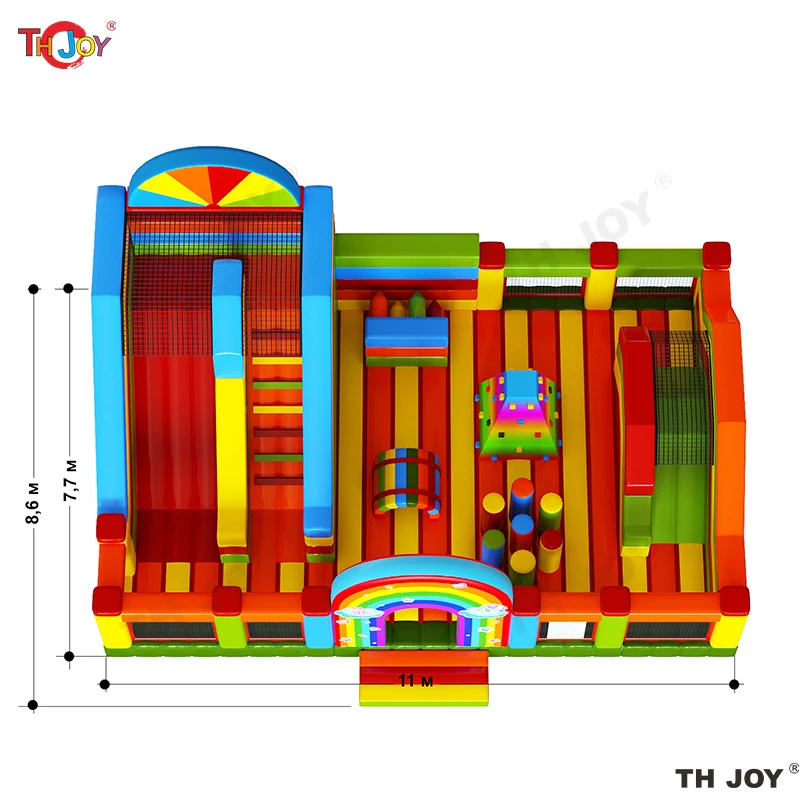 قلعة نطاطة للأطفال والكبار قابلة للنفخ بألوان قوس قزح مقاس 11 × 7.7 م