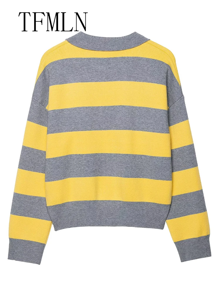TFMLN-suéter de punto a rayas de gran tamaño para mujer, moda de otoño 20220, Jersey informal holgado con cuello tipo Polo, Tops, prendas de punto elegantes de calle