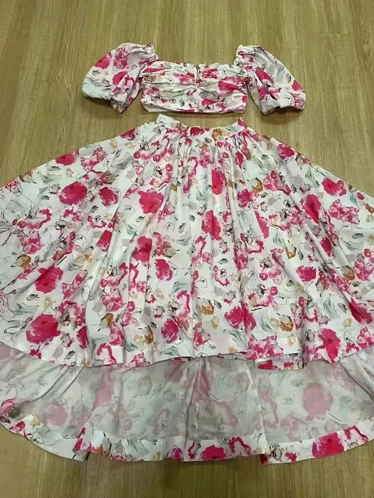 SEQINYY Elegant Suit Summer Spring New Fashion Puff Sleeve Crop Top + A-Line Long Skirt Pink Flower Print Vintage Party