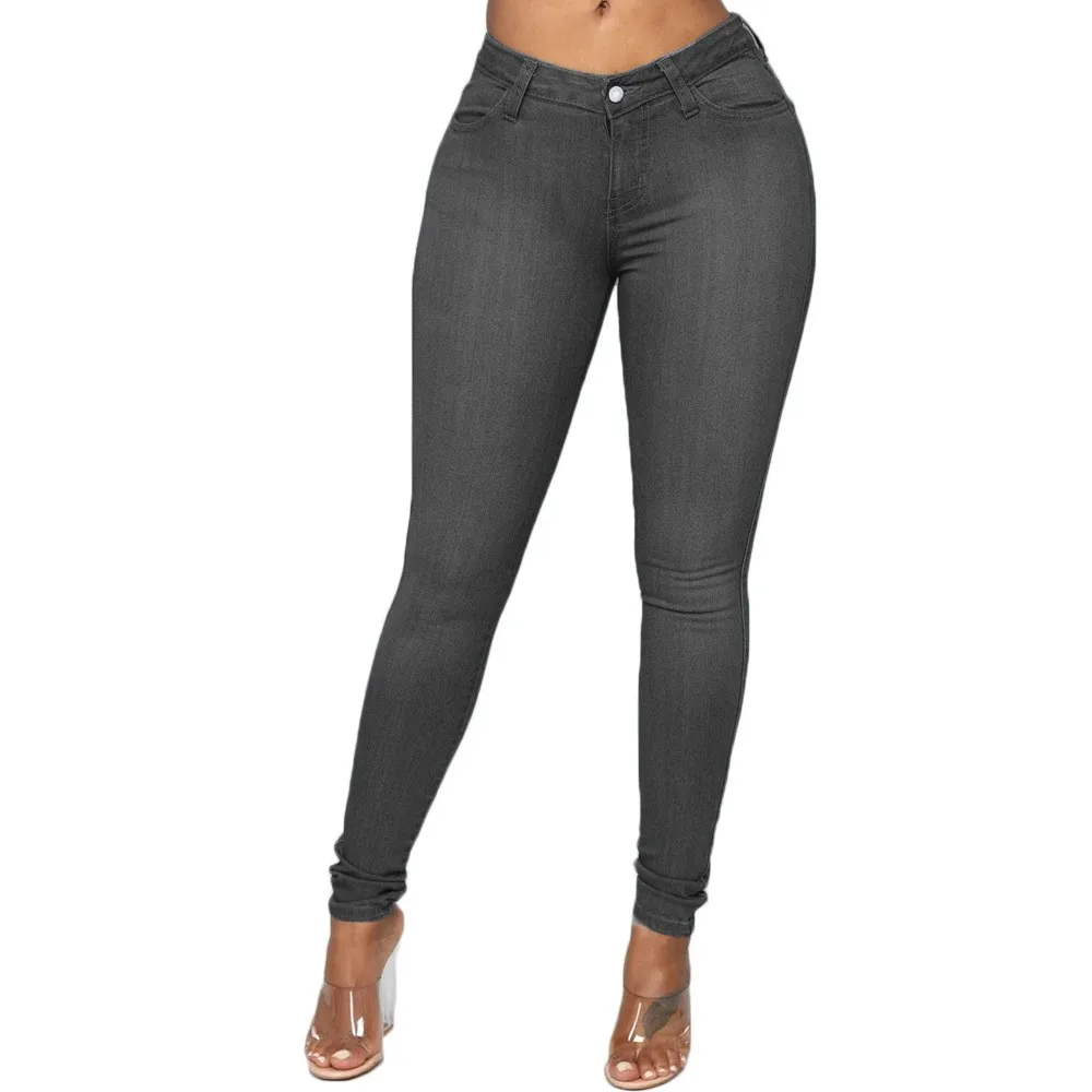 Washed Mid Rise Jeans Pencil Elegant Commuter with Autumn Full Length Skinny Mid Waist Ankle Length Edgy Streetwear Women Jeans