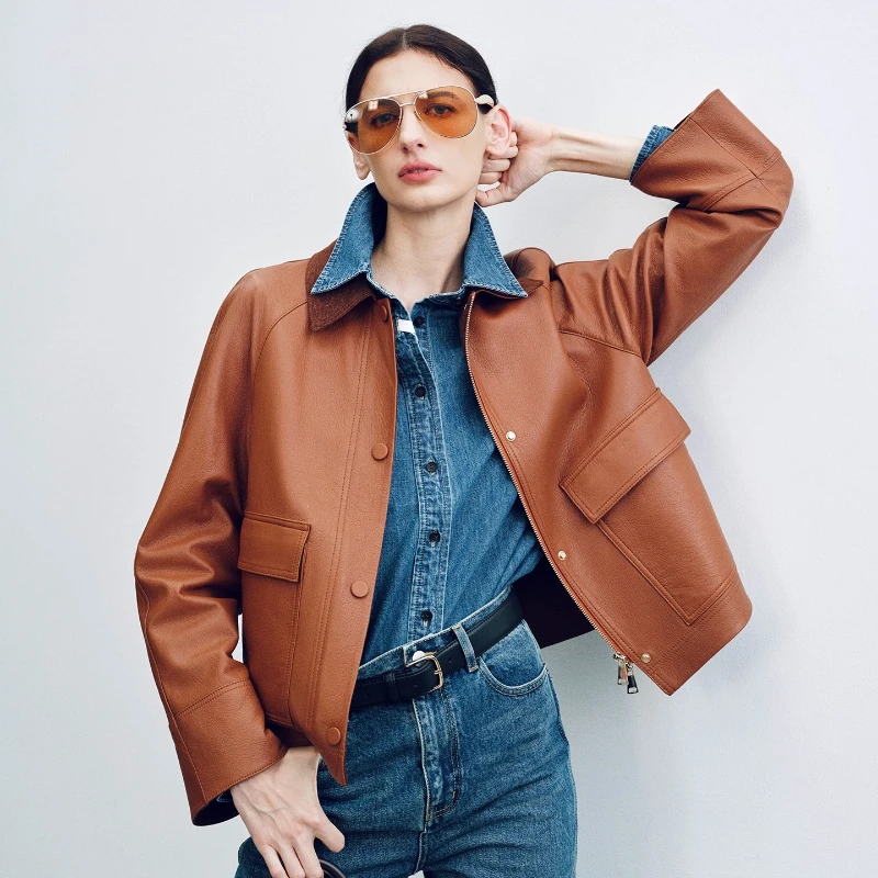 YOLANFAIRY herfst geïmporteerd lamsleer vintage stijl Leer Korte lengte Polokraag goudbruin Leren jas 가 • Allaidad 2025