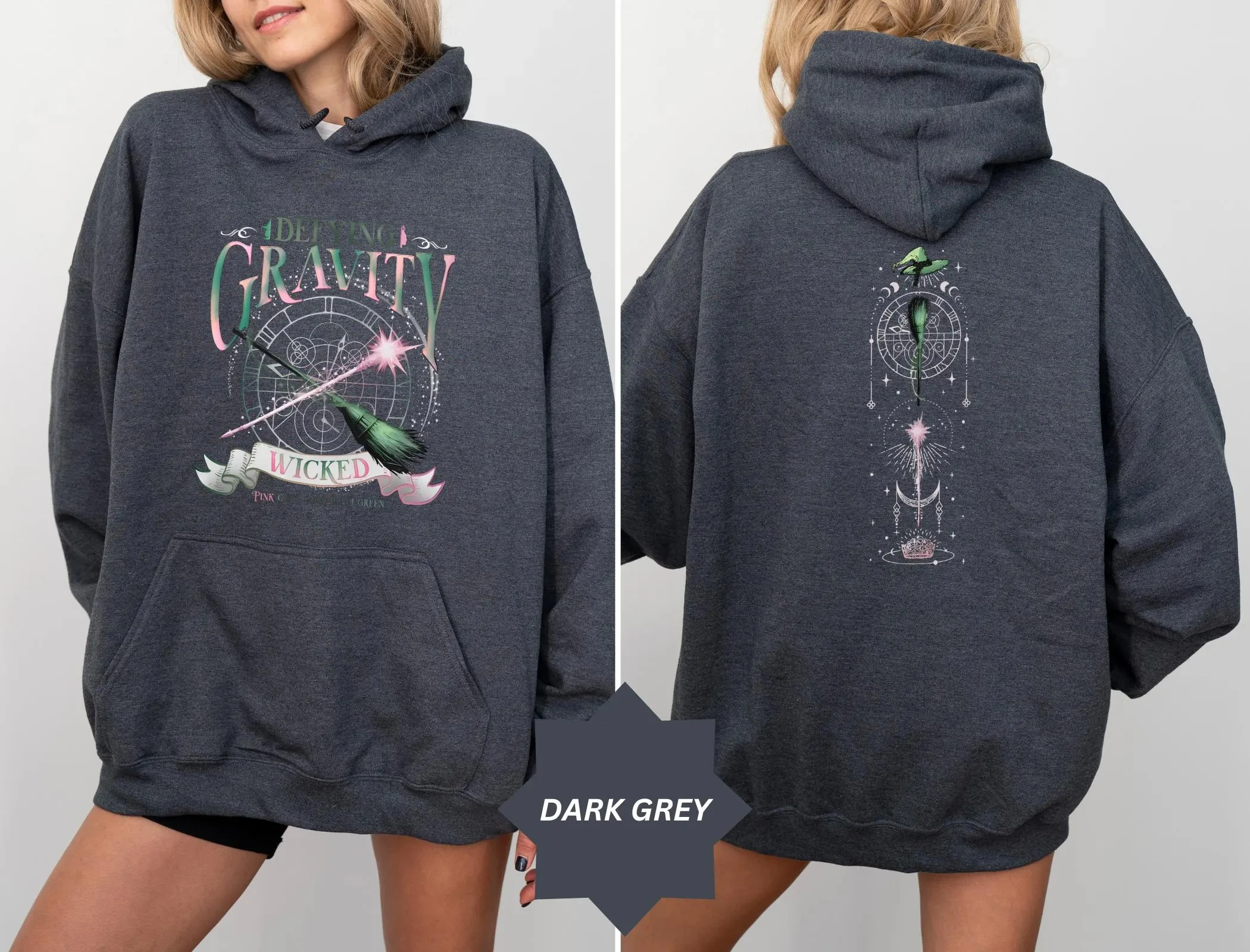 Wicked Defying Gravity Hoodie Men's and Women's Music Movie Pattern Pink Green Magic Broom Witch Casual Hoodie