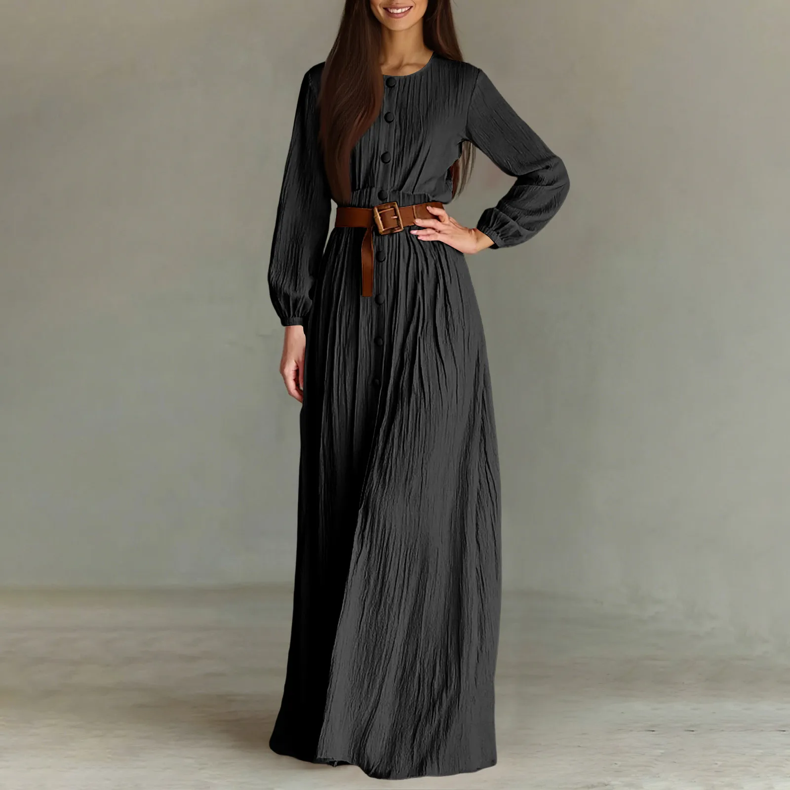 Single Breasted Round Neck Long Sleeved Dress Fashion Casual Dress Without Belt Spring And Autumn Women'S Solid Color Dress