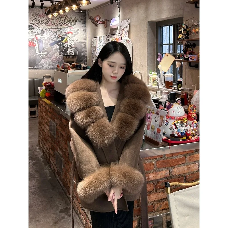 2025 winter new double-sided wool coat fox fur collar short woolen warm jacket tied waist and thin v-neck