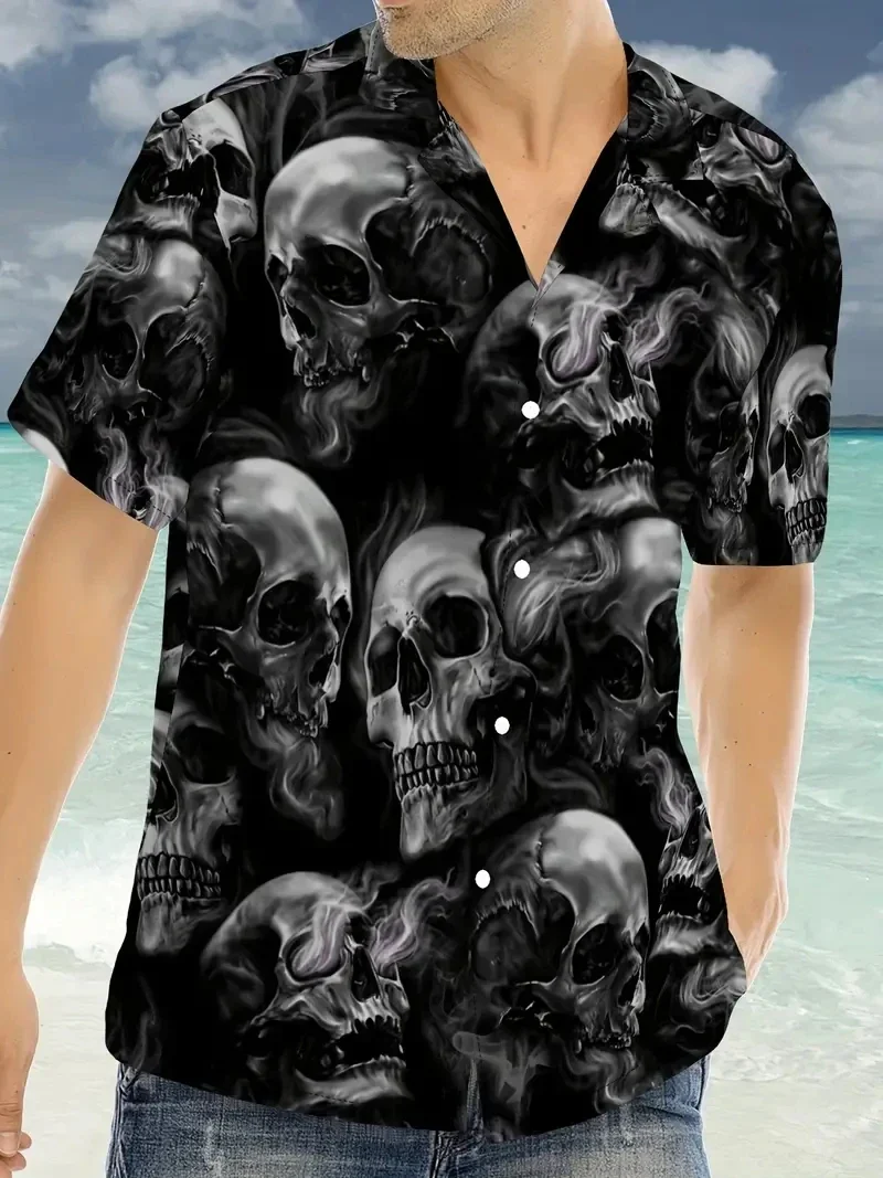 

Summer Beach Men's Shirts High Quality Skull Elements Print 3D Button-Up Blouse Fashion Trend Oversized Hawaiian Vacation Shirt