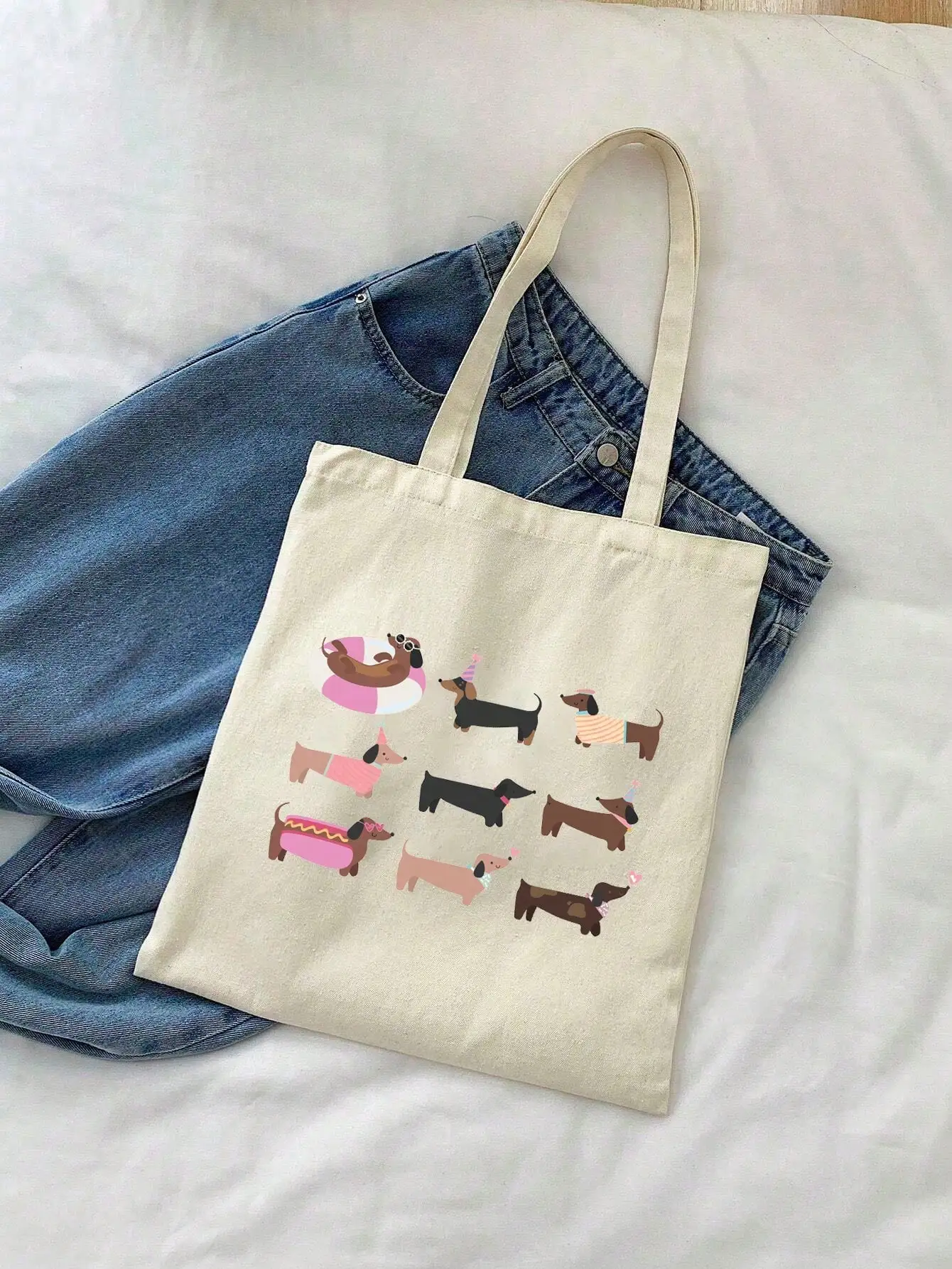 1pc Cute Dachshund Print Tote Bag Casual Large Capacity Shoulder Bag Daily Shopping Bag Storage Handbag Essential Tote Bag