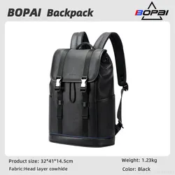 BOPAI Head Layer Cowhide Shoulder Bag Men Commuting Business Backpack 15.6 Inch Computer Backpack Large Capacity Travel Backpack