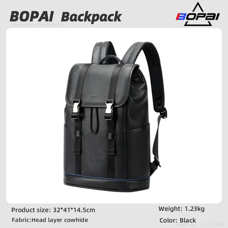 BOPAI Head Layer Cowhide Shoulder Bag Men Commuting Business Backpack 15.6 Inch Computer Backpack Large Capacity Travel Backpack