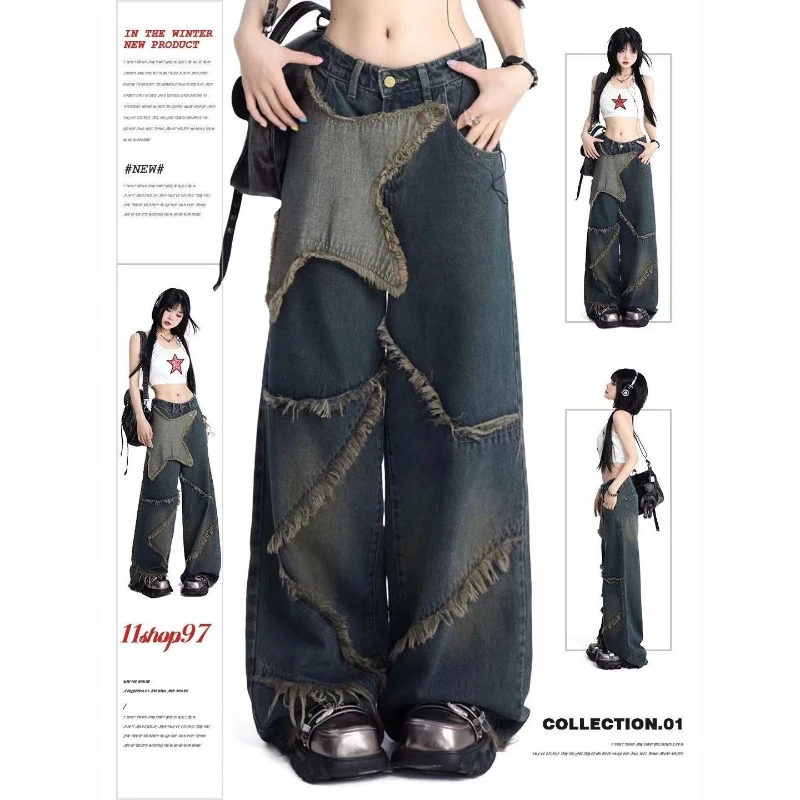 

Harajuku Vintage Streetwear High-waisted Denim Cargo Pants Y2k Loose Wide-legged Baggy Jeans Gothic Aesthetic Trousers for Women