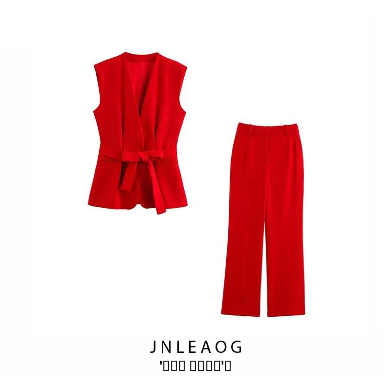 JNLEAOG Autumn New Women's Vest Flared Pants Belted Set Wind Design Polyester Fiber No Sve V-Ne Casual Two-Piece Suit