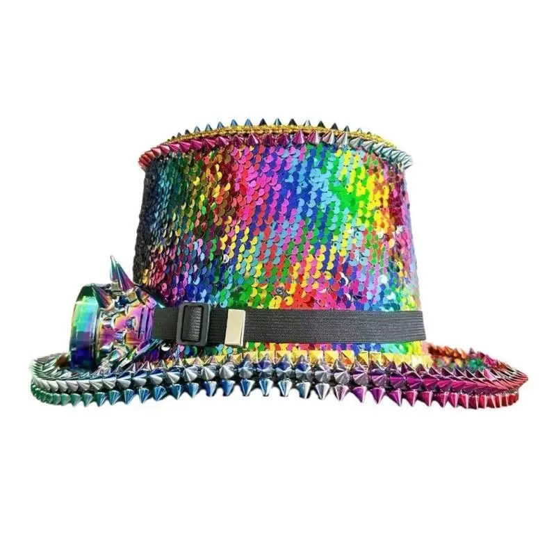 

N7YF Shining Rivet Studded Marine Hat with Shining Sequins Goggles Cosplay Accessory