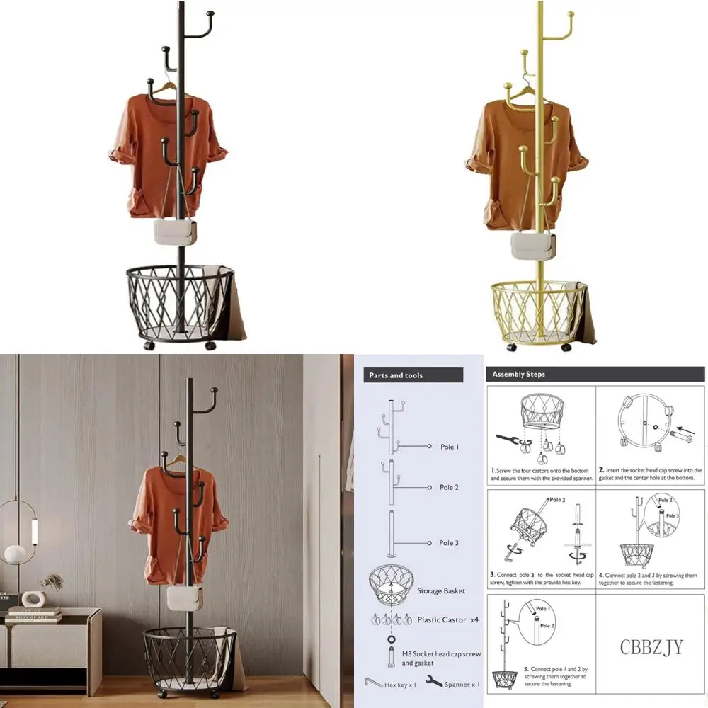 

Modern Cactus-Inspired Metal Coat Rack with Basket for Home Entryway - Ideal Storage for Hats, Bags, and Jackets