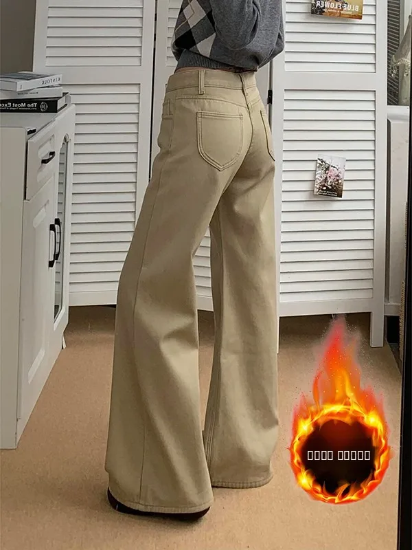 

Джинсы-клеш женские на флисовой подкладке цвета хаки, утепленные, свободные, с широкими штанинами, осенне-зимние, новые, в американском стиле, с низкой посадкой