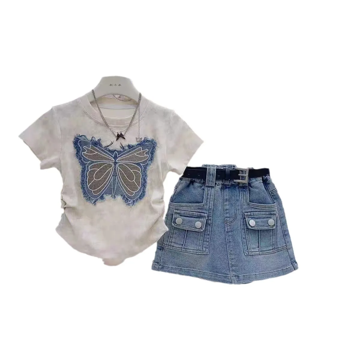 Girls Clothing Sets Summer Personalized Ragged Fabric Splicing Embroidered Short sleeved Top+Children\'s Casual Denim Skirt Suits