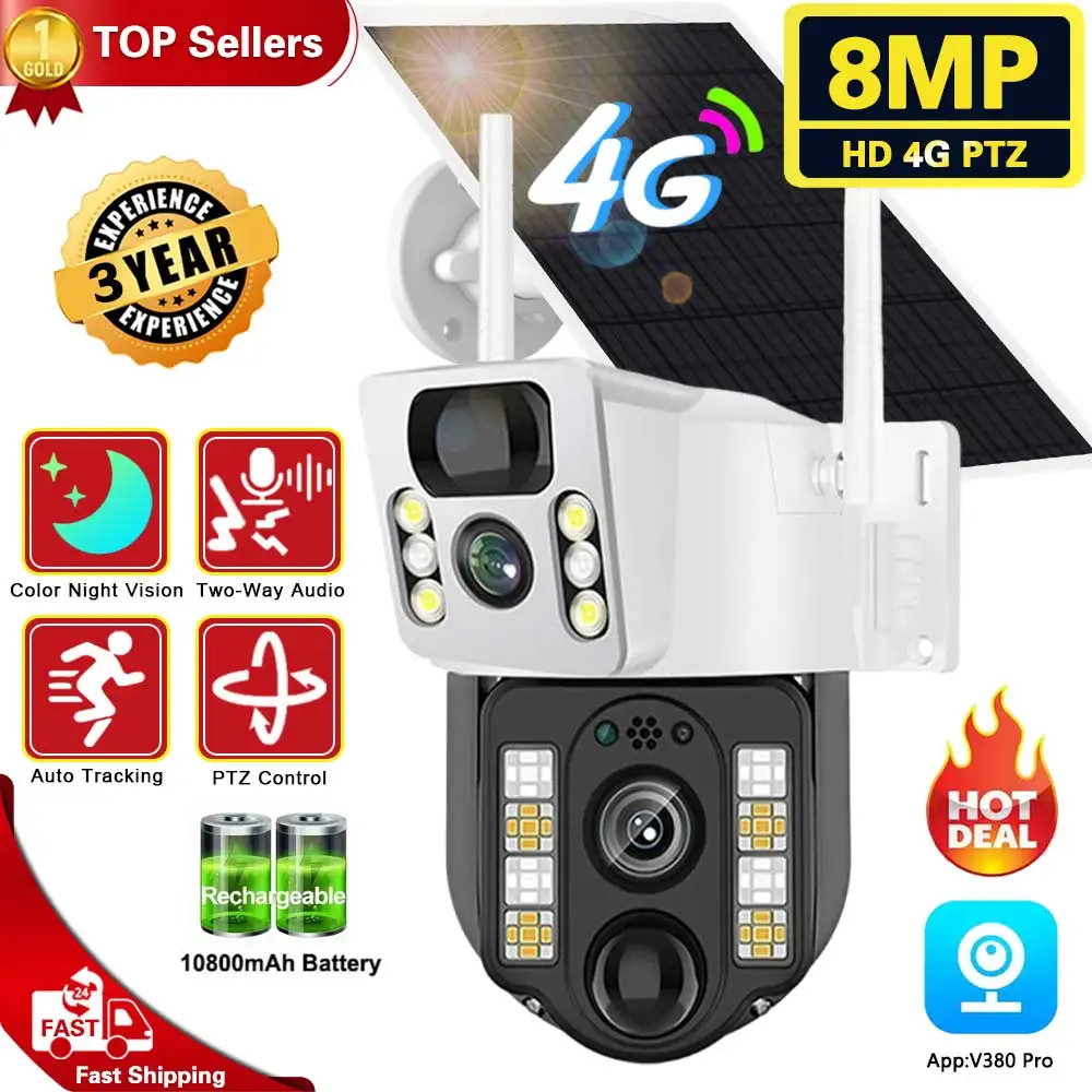 

4K 8MP 4G SIM Card PTZ Color Night Vision Camera CCTV PIR Auto Tracking Dual Screen Outdoor 4G Surveillance PTZ Control Camera