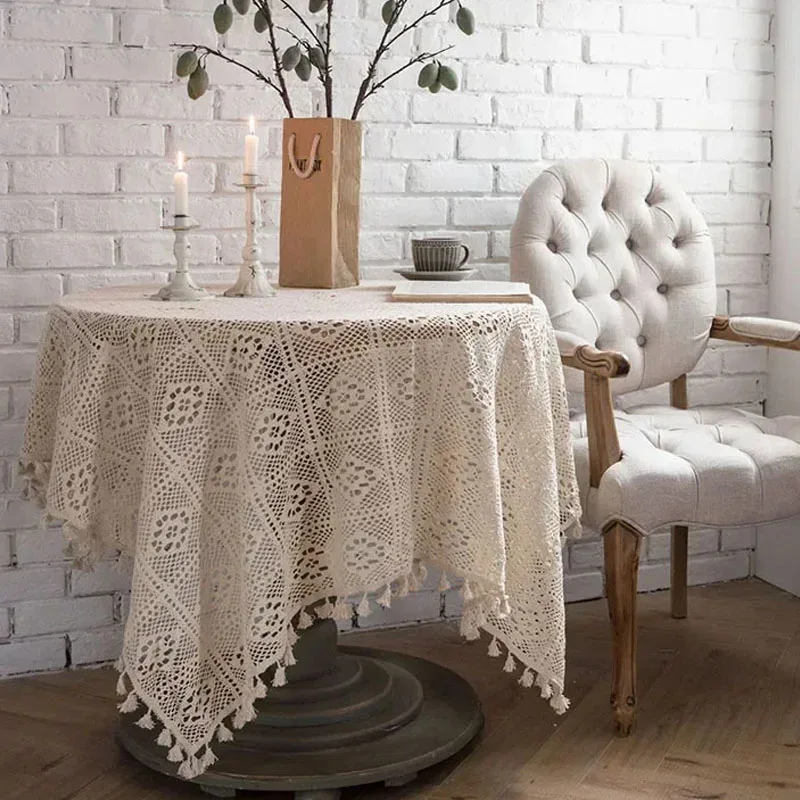 

Pastoral Style Hollow Decorative Table Cloth Beige Black Crochet Tablecloth Tassel Lace Dining Table Cover Home Decor Aesthetic