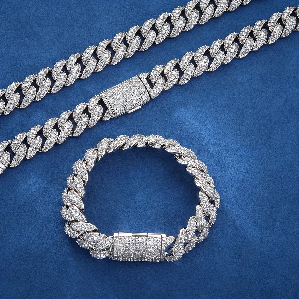 High NUOYA Quality 3 Rows Bubble Brass Moissanite Cuban Link Chain Necklace Pass Diamond Test Hip Hop Jewelry for Men and Women.