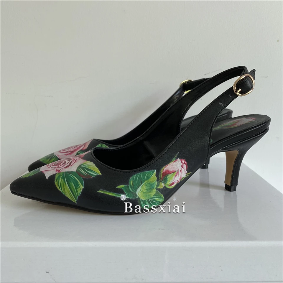 Print Rose Flower Real Leather Dress Shoes Woman 10cm Thin High Heels Point Toe Crystal Rhinestone Buckle Spring Women Pumps