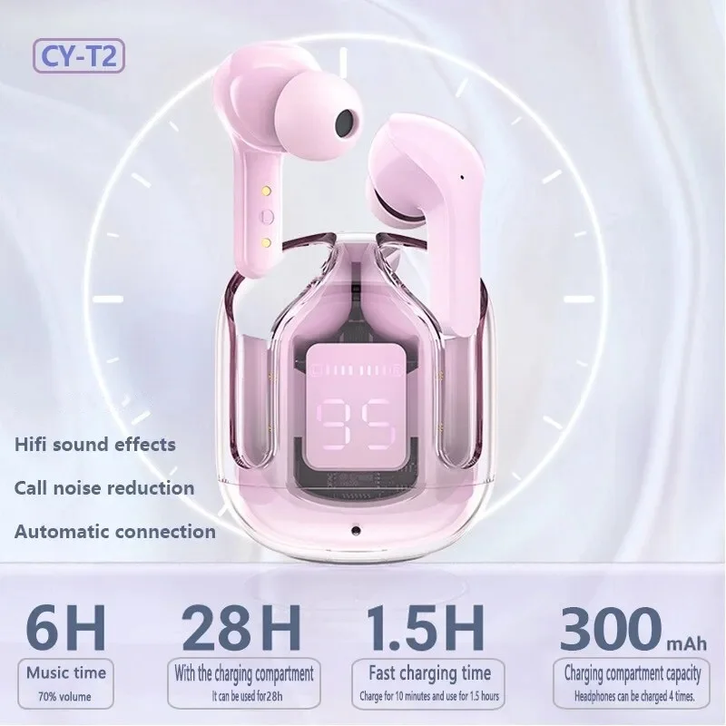 

CY-T2 Wireless Bluetooth Headset Transparent ENC Headphones LED Power Digital Display Stereo Sound Earphones for Sports Working