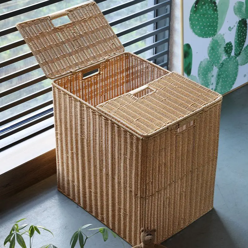 

Large capacity household storage box imitation rattan woven bedroom storage organization box dirty clothes basket with cover