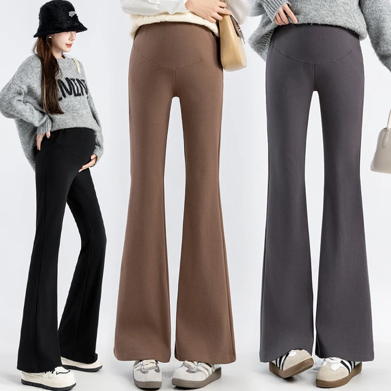 

Spring Autumn Maternity Boot Cut Solid Color Adjustable Waist Long Pregnant Woman Cotton Belly Pants Slim Hips Flare Trousers