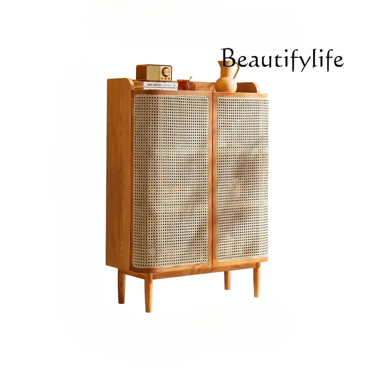 

Nordic solid wood shoe cabinet storage cabinet Japanese simple modern rattan storage small apartment entrance cabinet