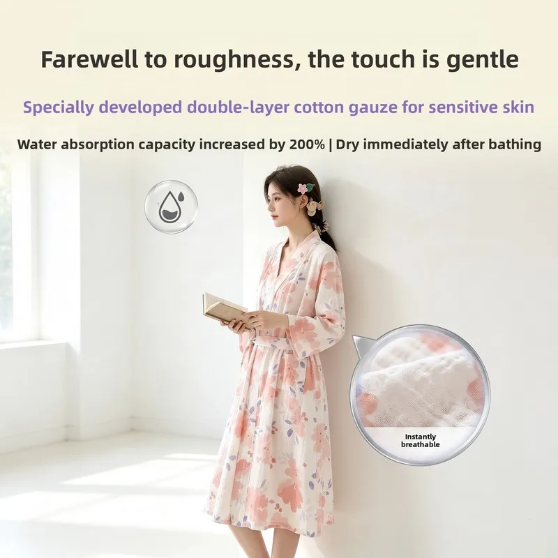 Japanese Kimono Style Women‘s Double Gauze Cotton Robe, Tie-Front Long Sleeve & Relaxed Fit, Breathable Lightweight All-Season H
