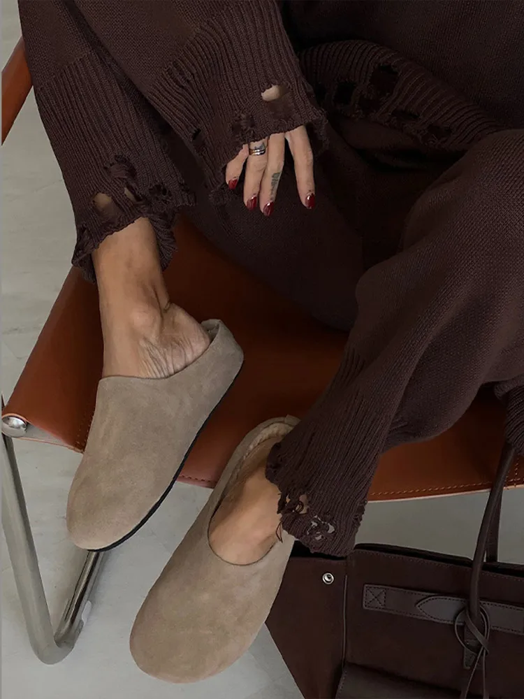 

Шикарный вязаный комплект женских брюк с дырками и круглым вырезом, с длинными рукавами, утепленные лоскутные пуловеры, брюки с высокой талией, женские комплекты из 2 предметов, осенние наряды