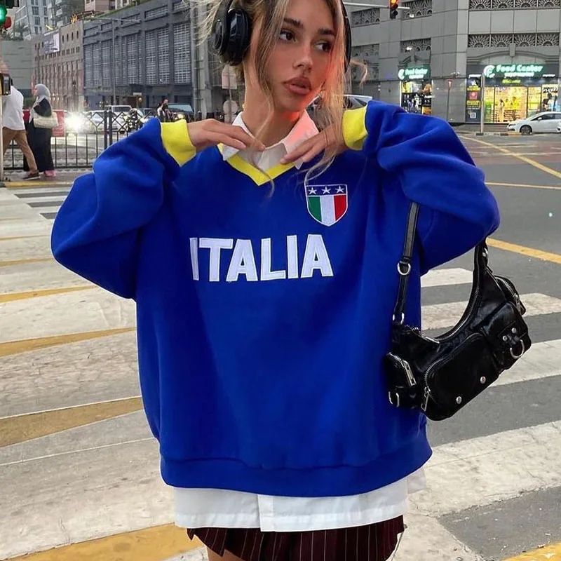 2023 Italia Flag Blue Letter Print Hoodies Grunge Y2k Spring New Long Sleeve Sweatshirt Women Basic T Shirt Casual V-neck Tops