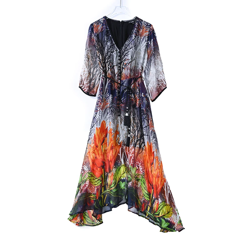 2024 Boho Floral Natural Silk Maxi Dresses Summer Vintage Casual Print Beach Midi Sundress Women Elegant Bodycon Party Vestidos