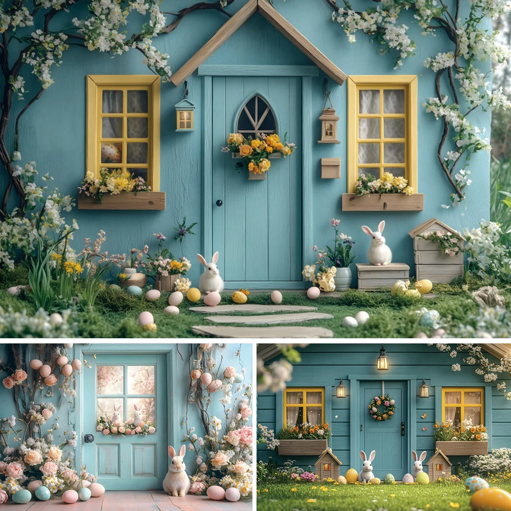 Bunny Easter Backdrops Spring Easter Eggs Garden Flower Blue Cabin Kids Birthday Party Portrait Decor Photography Background