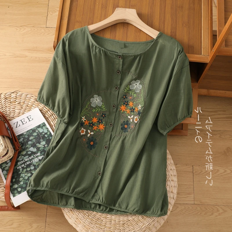Chemises d'été pour femmes, haut en coton et lin brodé de fleurs, chemisiers amples décontractés à manches courtes, chemise blanche, manteau Cardigan