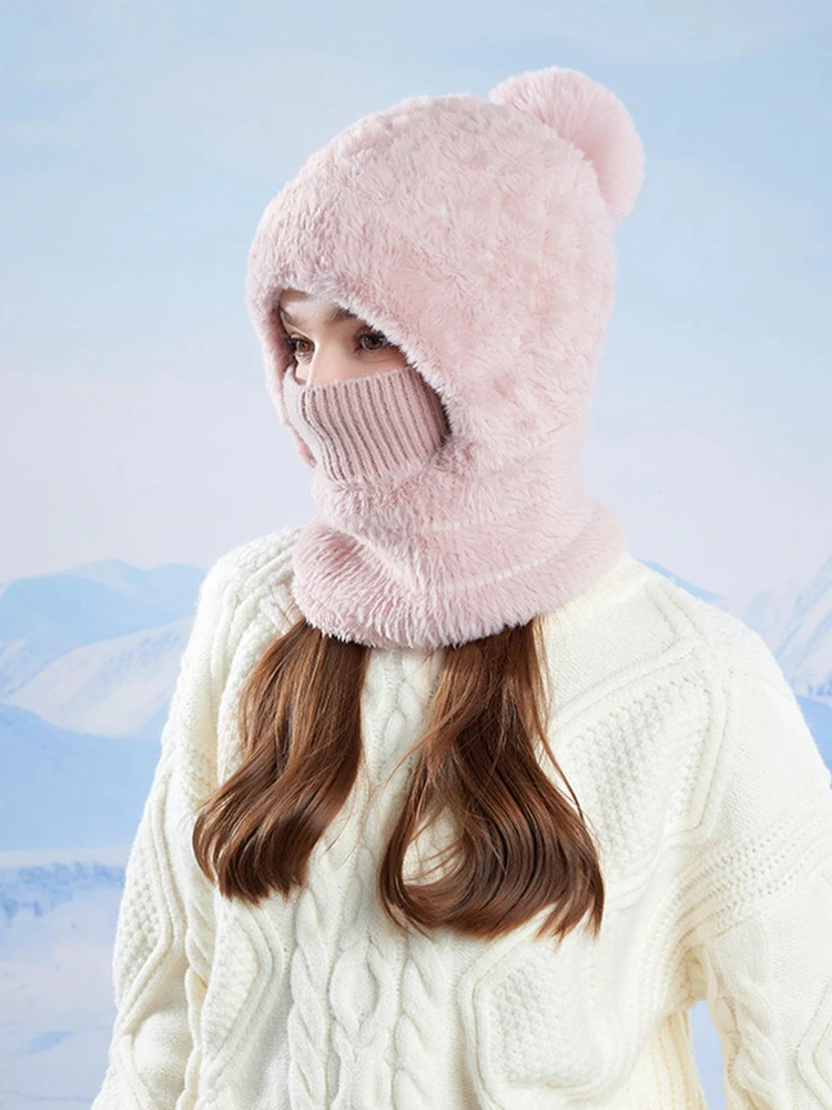 AliExpress maolv Winter Knitted Hat Ear Protection Balaclava Hat Fluffy Mask Neck One Piece Hooded Cap Outdoor Thickened Wool Hat for Ski Cycling