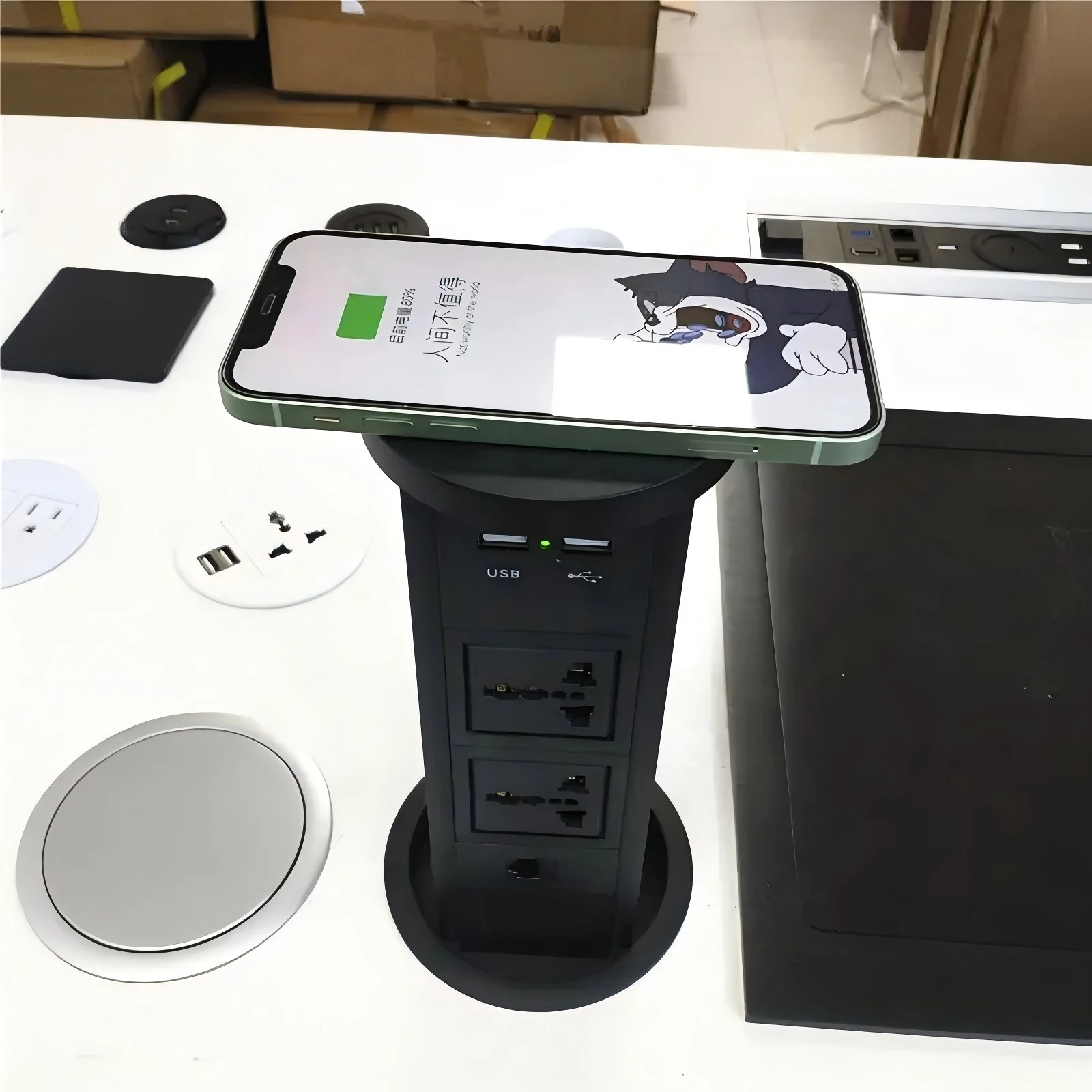 Smart Pop up power Socket hidden in Kitchen/office desk pneumatic Lifting With USB and Top Fast Wireless Charging